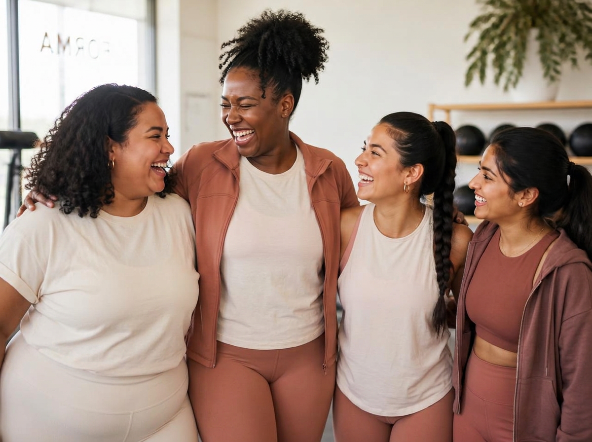 Four women of different shapes and backgrounds laughing together after a workout