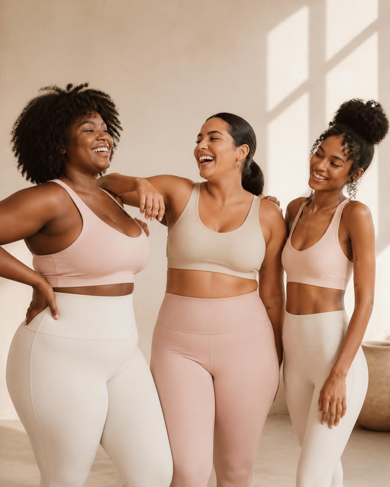 Three women of different body types laughing together in blush and cream activewear